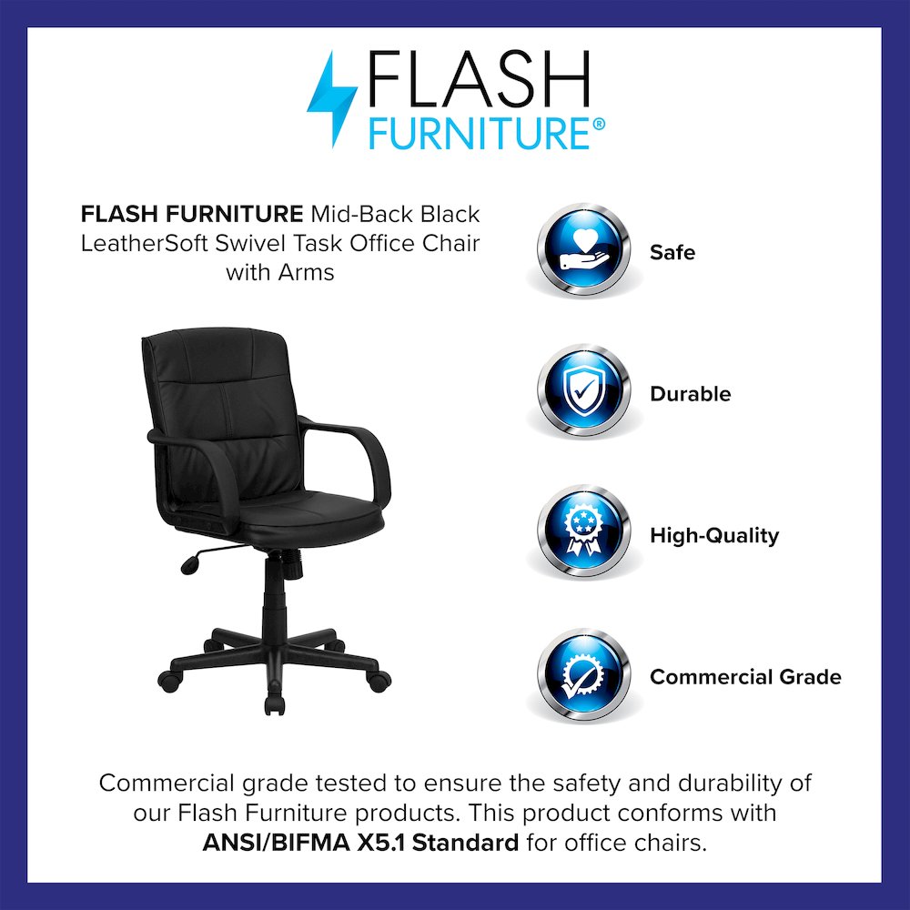 Mid-Back Black LeatherSoft Swivel Task Office Chair with Arms. Picture 4