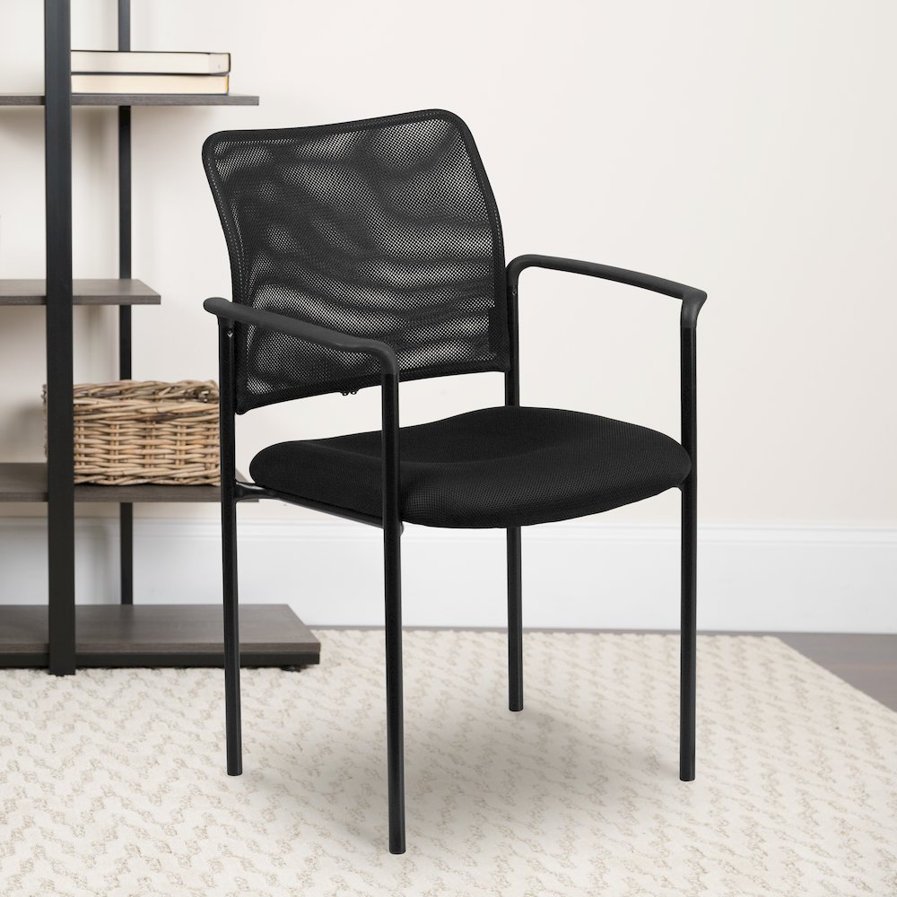 Comfort Black Mesh Stackable Steel Side Chair with Arms. Picture 2