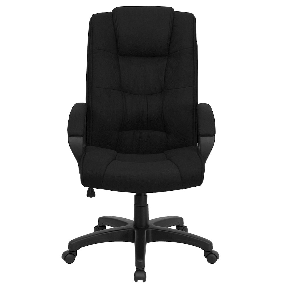 High Back Black Fabric Executive Swivel Office Chair with Arms. Picture 10