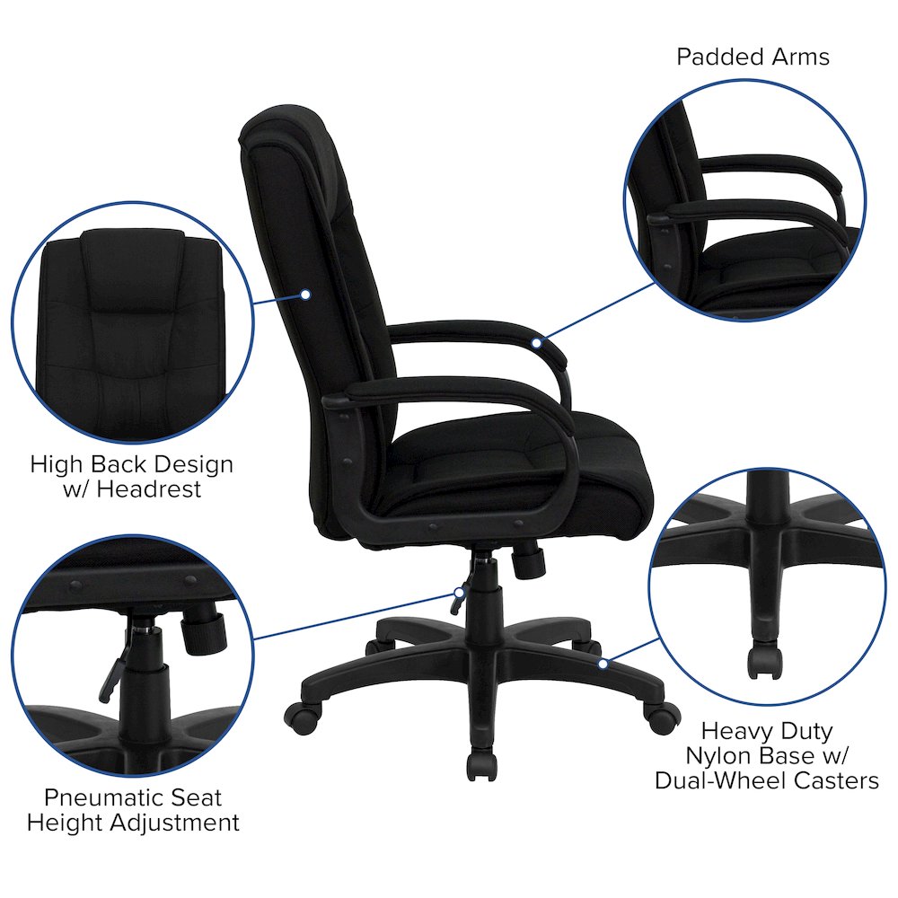 High Back Black Fabric Executive Swivel Office Chair with Arms. Picture 5
