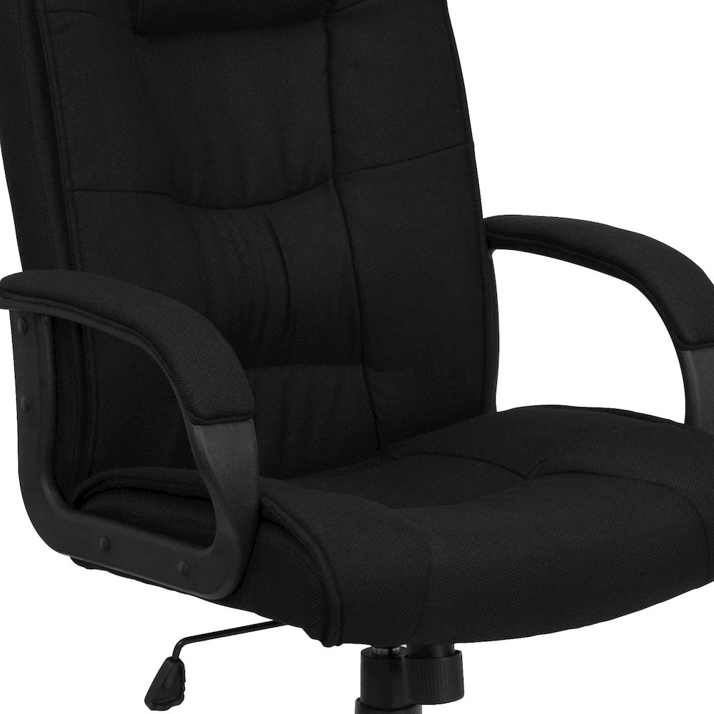 High Back Black Fabric Executive Swivel Office Chair with Arms. Picture 8