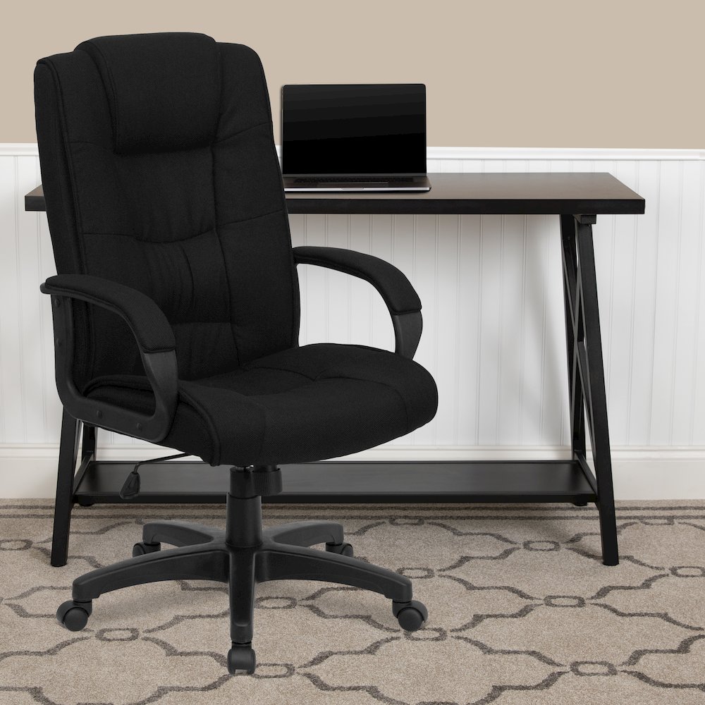 High Back Black Fabric Executive Swivel Office Chair with Arms. Picture 2