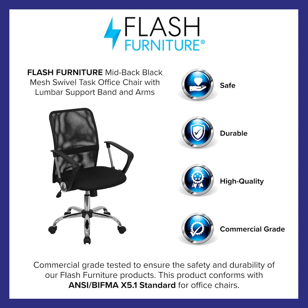 Mid-Back Black Mesh Swivel Task Office Chair with Lumbar Support Band and Arms. Picture 4