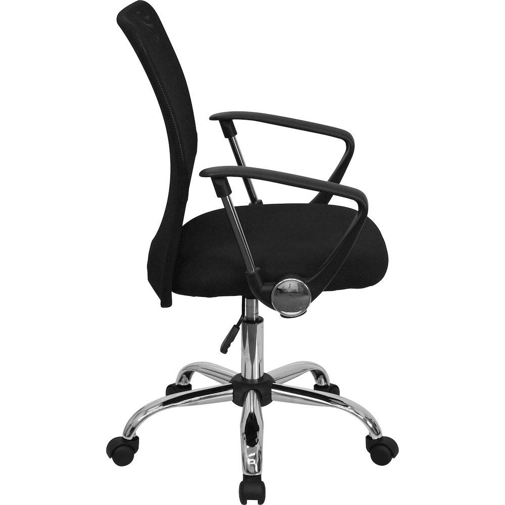 Mid-Back Black Mesh Swivel Task Office Chair with Lumbar Support Band and Arms. Picture 9