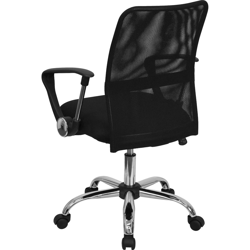 Mid-Back Black Mesh Swivel Task Office Chair with Lumbar Support Band and Arms. Picture 7