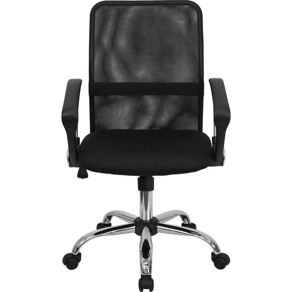 Mid-Back Black Mesh Swivel Task Office Chair with Lumbar Support Band and Arms. Picture 10
