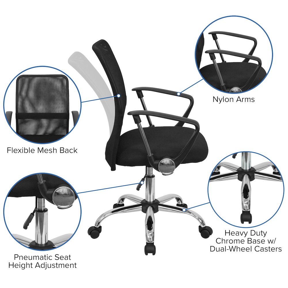 Mid-Back Black Mesh Swivel Task Office Chair with Lumbar Support Band and Arms. Picture 5