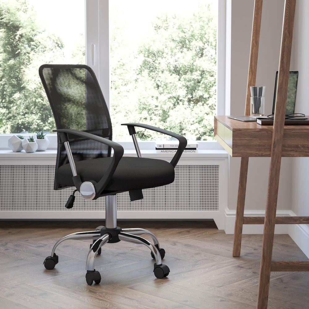 Mid-Back Black Mesh Swivel Task Office Chair with Lumbar Support Band and Arms. Picture 2