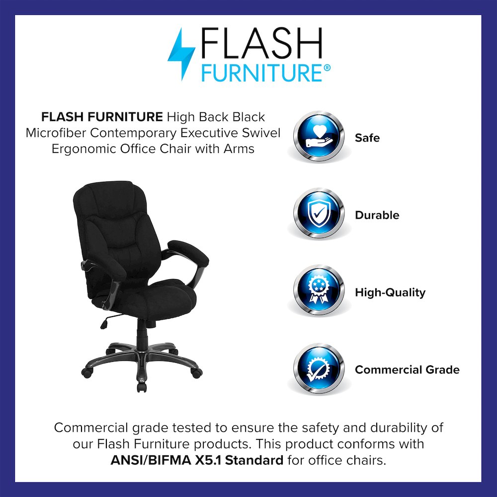 High Back Black Microfiber Contemporary Executive Swivel Office Chair with Arms. Picture 4