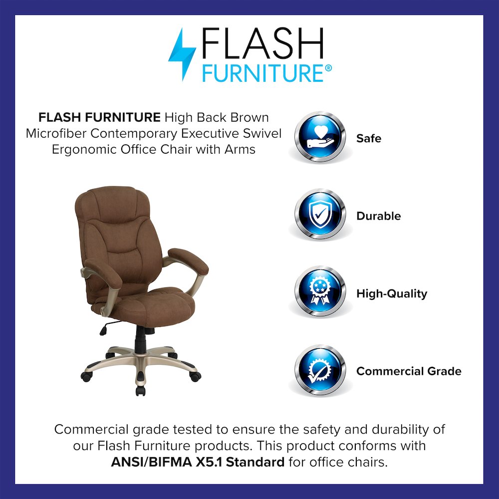 High Back Brown Microfiber Contemporary Executive Swivel Office Chair with Arms. Picture 4