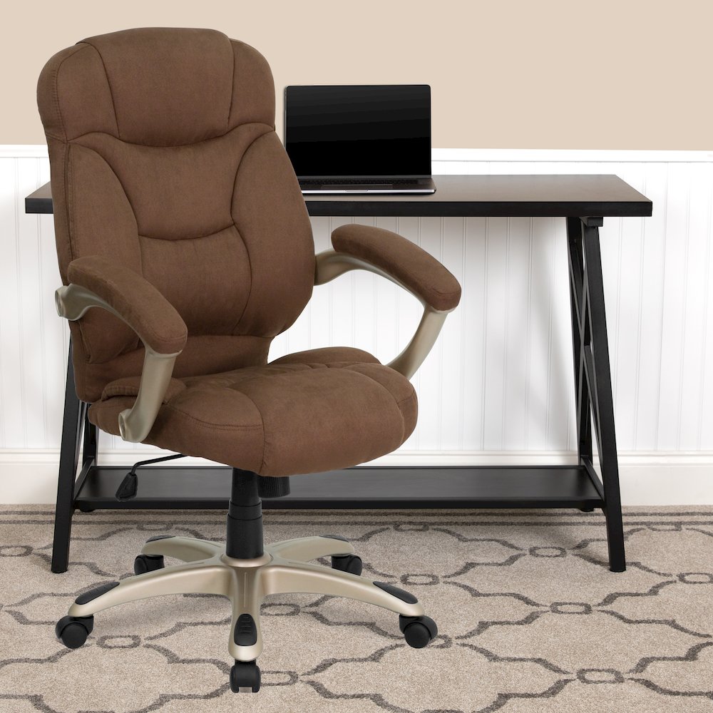High Back Brown Microfiber Contemporary Executive Swivel Office Chair with Arms. Picture 2