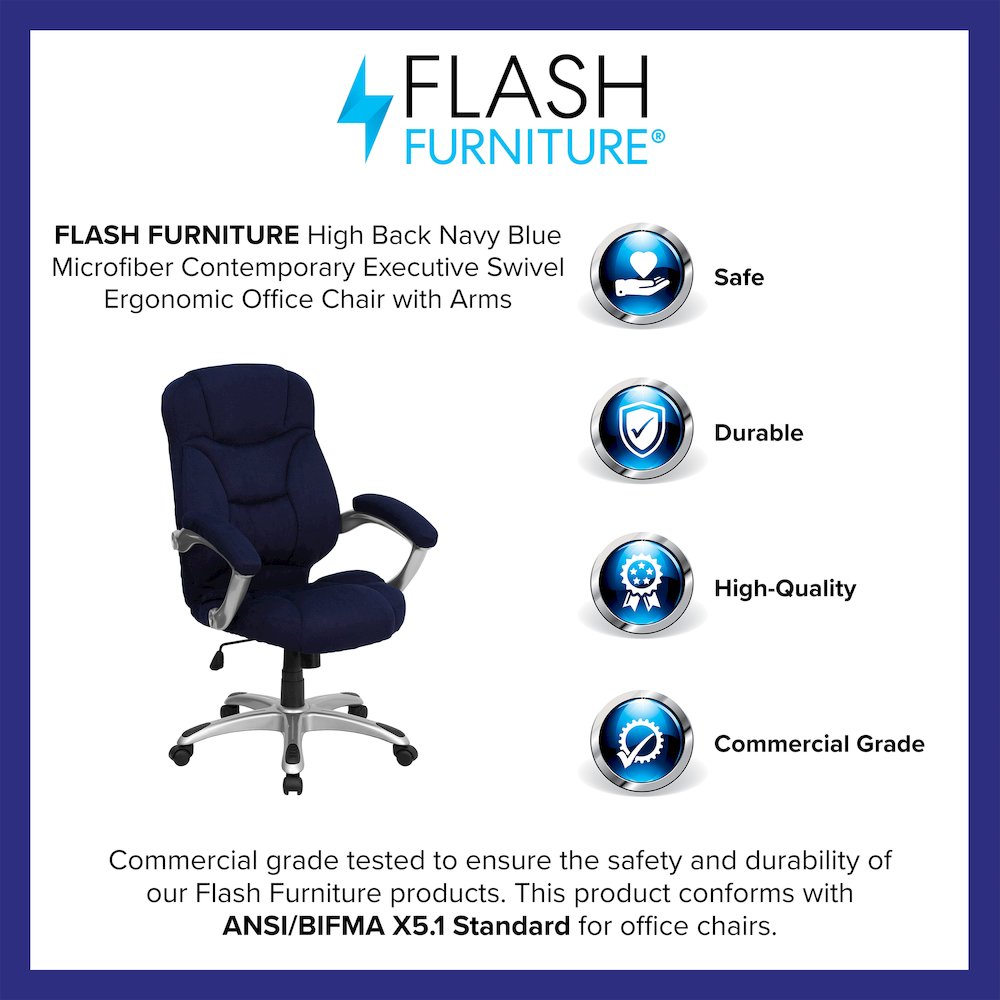 High Back Navy Blue Microfiber Executive Swivel Office Chair with Arms. Picture 4
