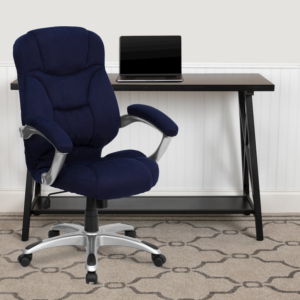 High Back Navy Blue Microfiber Executive Swivel Office Chair with Arms. Picture 2