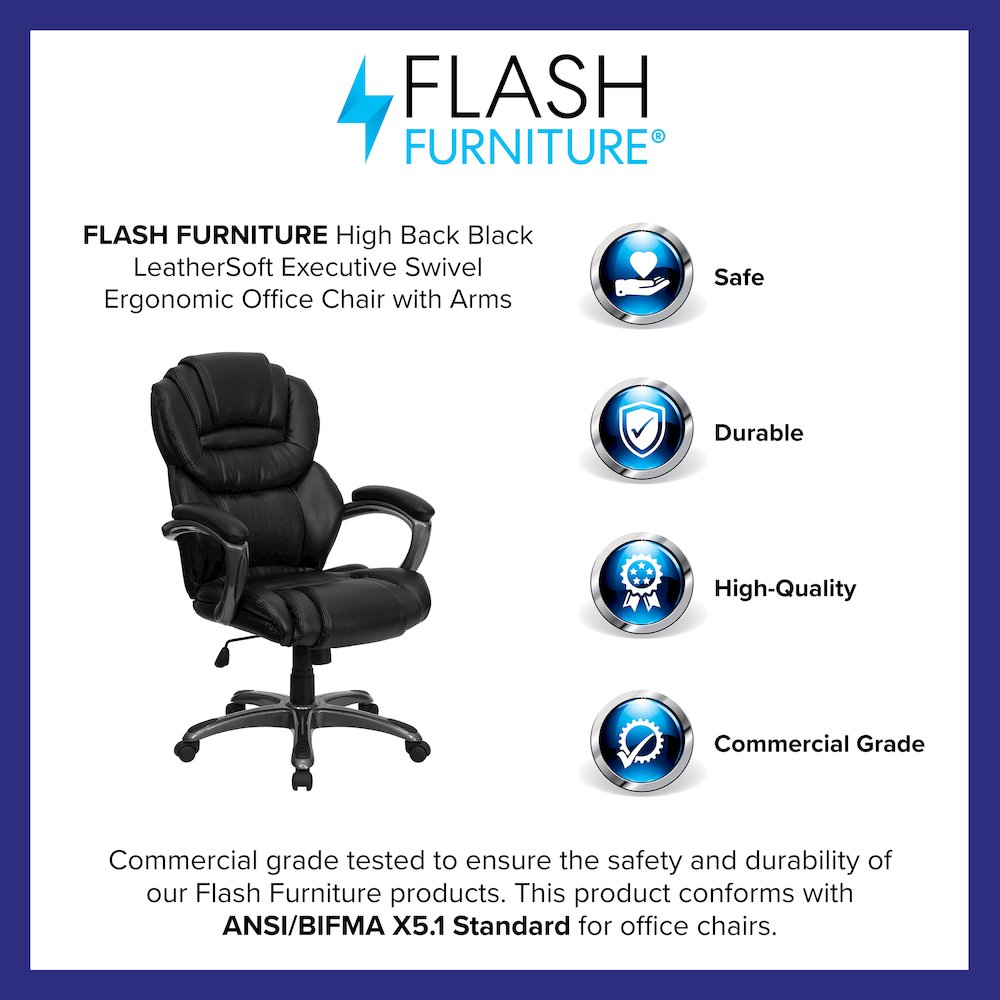 High Back Black LeatherSoft Executive Swivel Ergonomic Office Chair with Arms. Picture 4