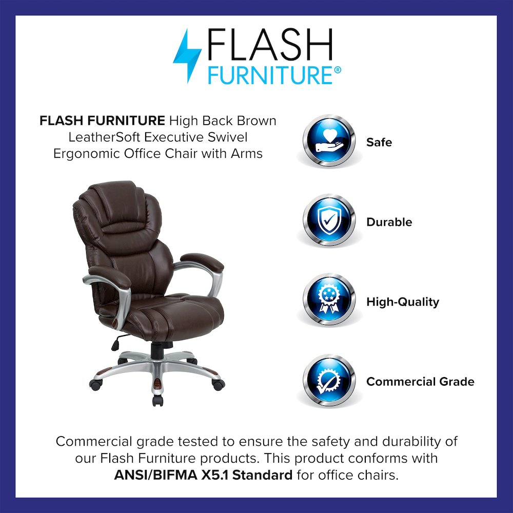 High Back Brown LeatherSoft Executive Swivel Ergonomic Office Chair with Arms. Picture 4