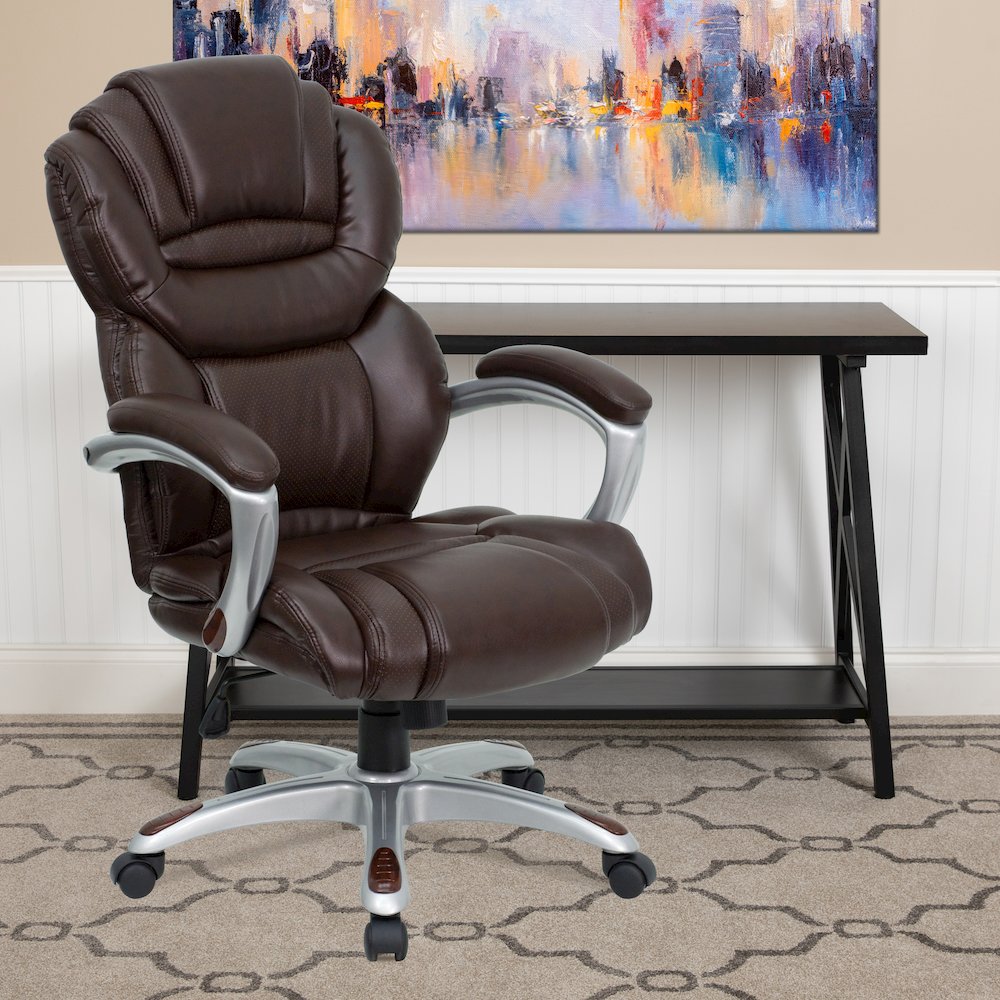 High Back Brown LeatherSoft Executive Swivel Ergonomic Office Chair with Arms. Picture 2