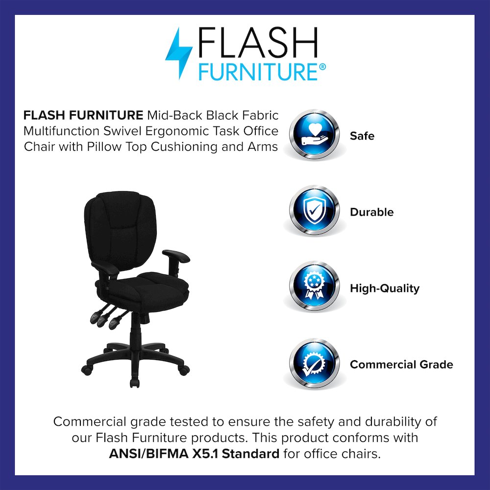 Mid-Back Black Fabric Multifunction Swivel Task Office Chair and Arms. Picture 4