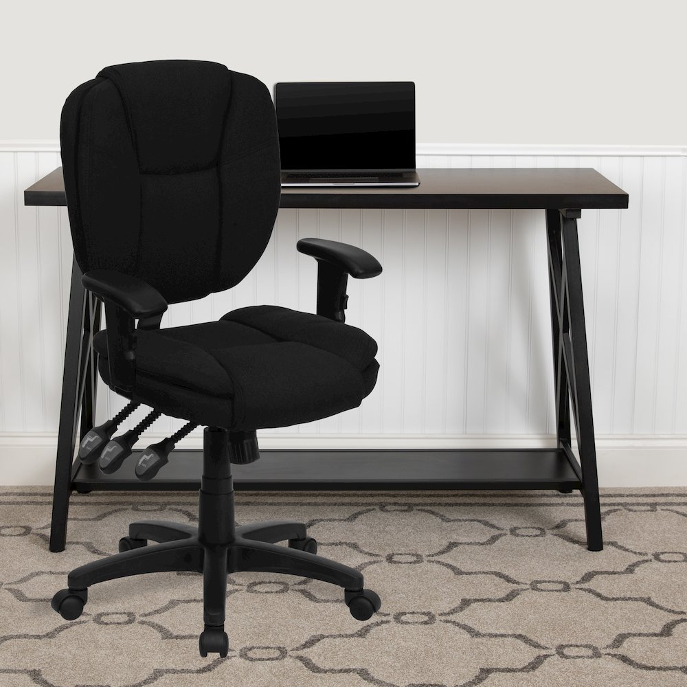 Mid-Back Black Fabric Multifunction Swivel Task Office Chair and Arms. Picture 2