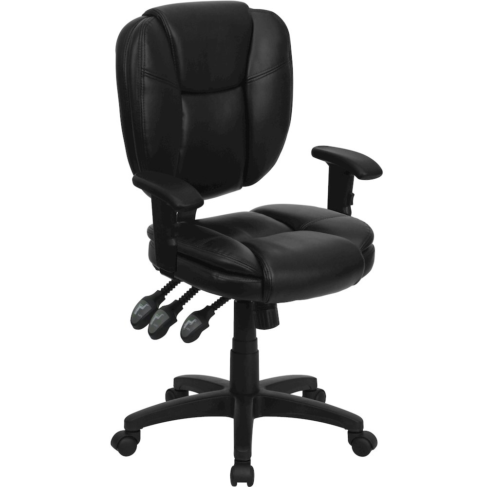 Mid-Back Black LeatherSoft Multifunction Swivel Ergonomic Task Office Chair with Pillow Top Cushioning and Adjustable Arms. Picture 1
