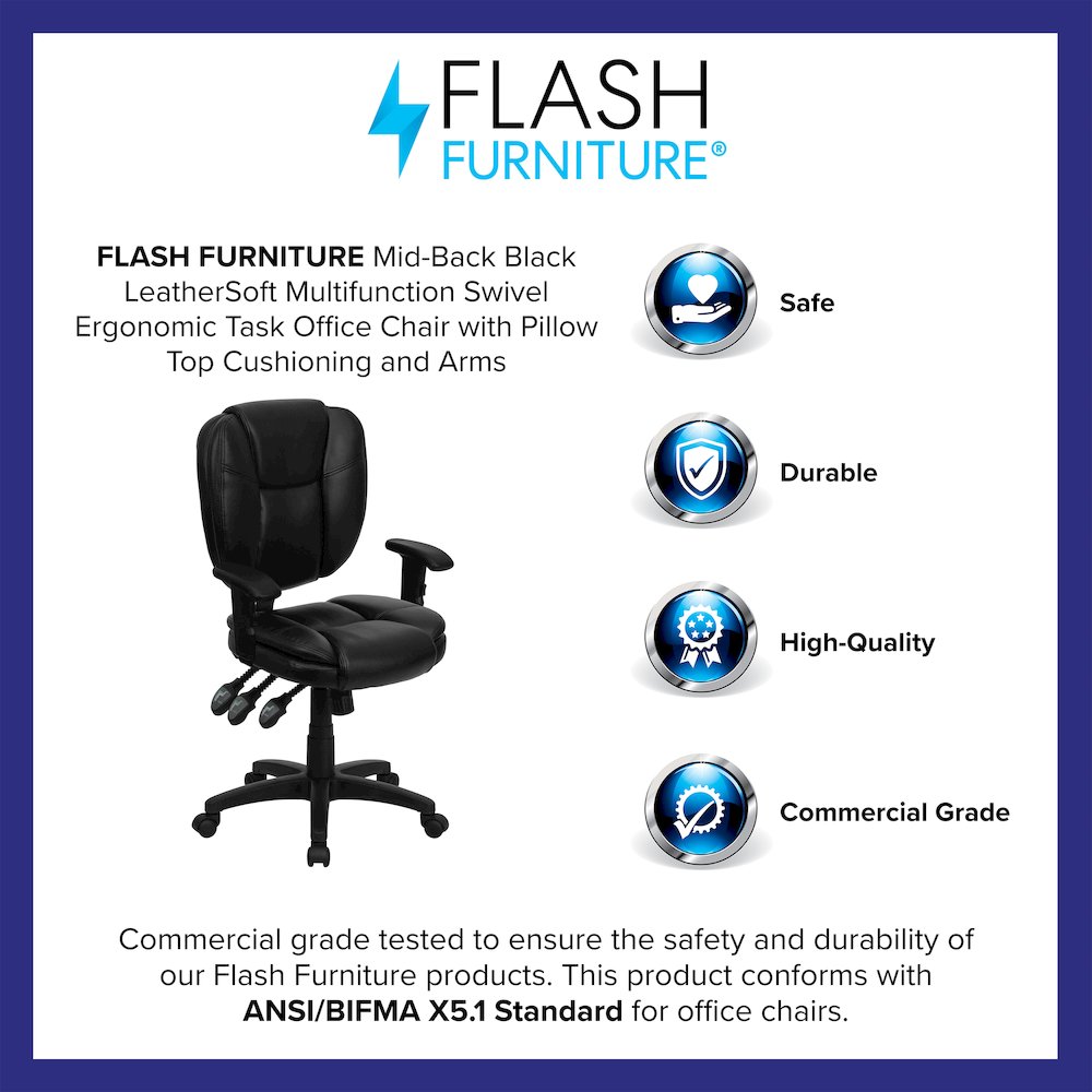 Mid-Back Black Multifunction Swivel Task Office Chair and Arms. Picture 4