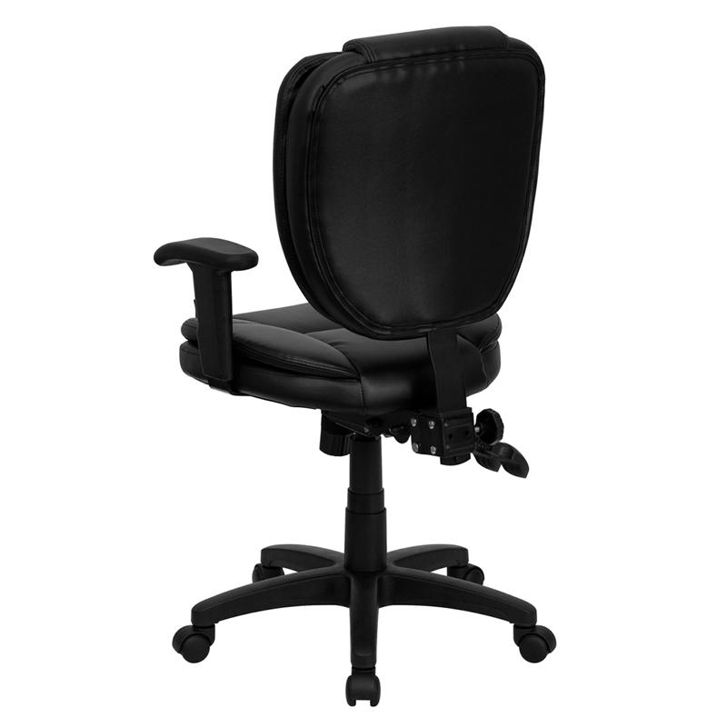 Mid-Back Black LeatherSoft Multifunction Swivel Ergonomic Task Office Chair with Pillow Top Cushioning and Adjustable Arms. Picture 3