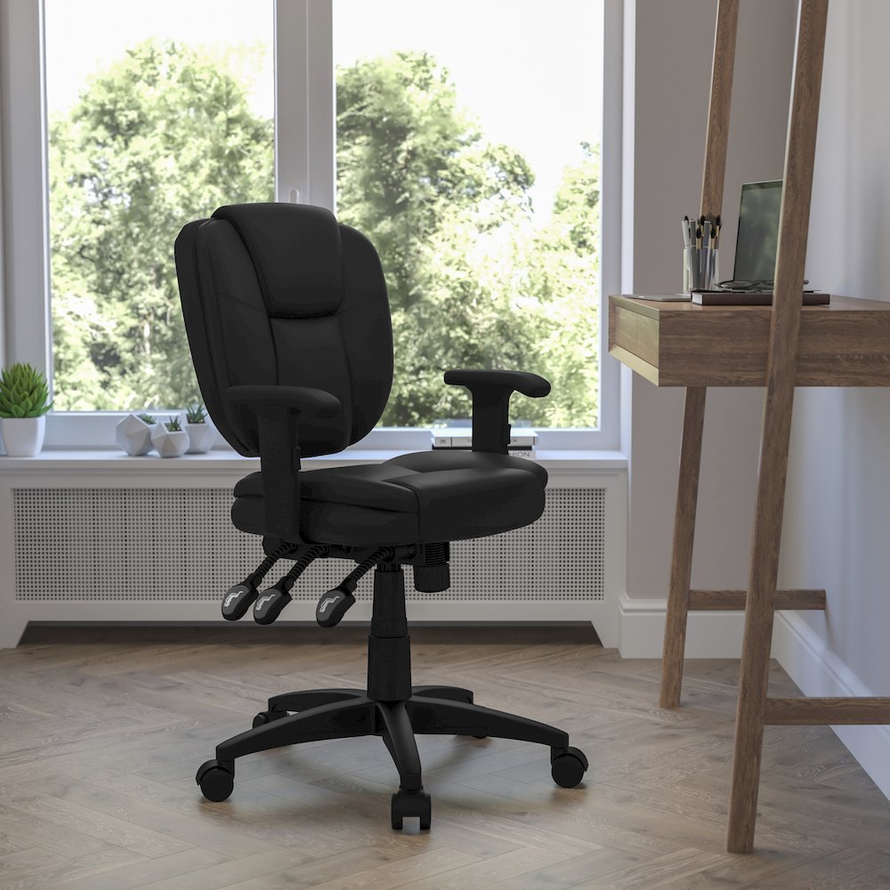 Mid-Back Black Multifunction Swivel Task Office Chair and Arms. Picture 2