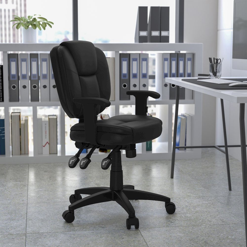Mid-Back Black Multifunction Swivel Task Office Chair and Arms. Picture 5