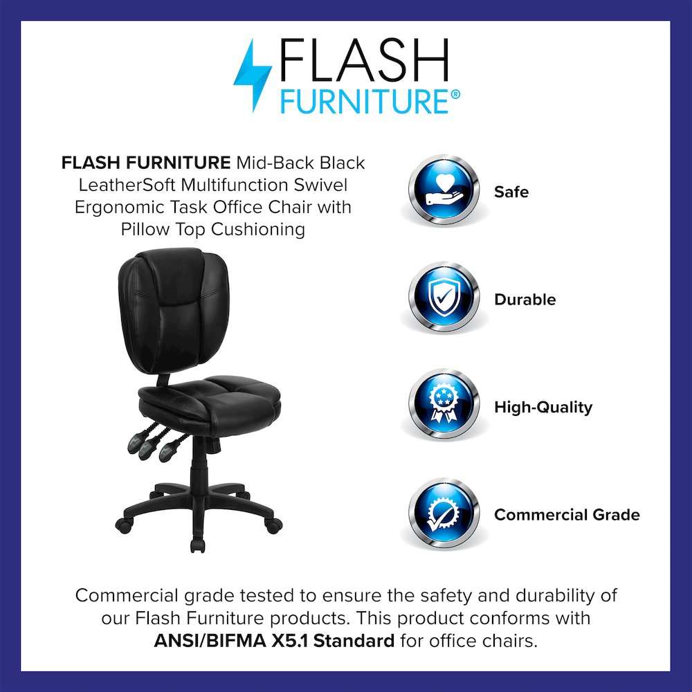 Mid-Back Black Multifunction Swivel Task Office Chair with Pillow Top Cushioning. Picture 4