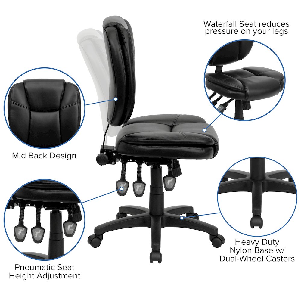 Mid-Back Black Multifunction Swivel Task Office Chair with Pillow Top Cushioning. Picture 6