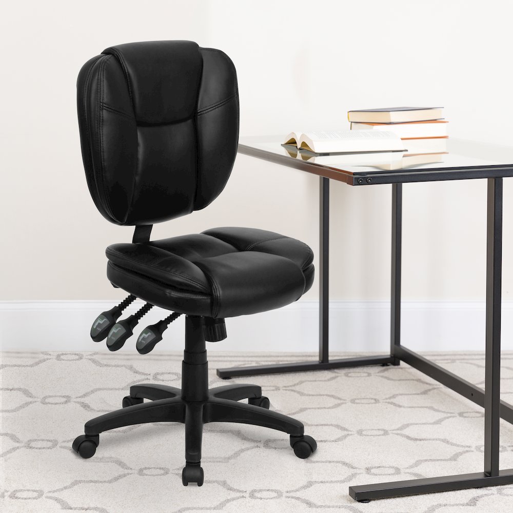 Mid-Back Black Multifunction Swivel Task Office Chair with Pillow Top Cushioning. Picture 2