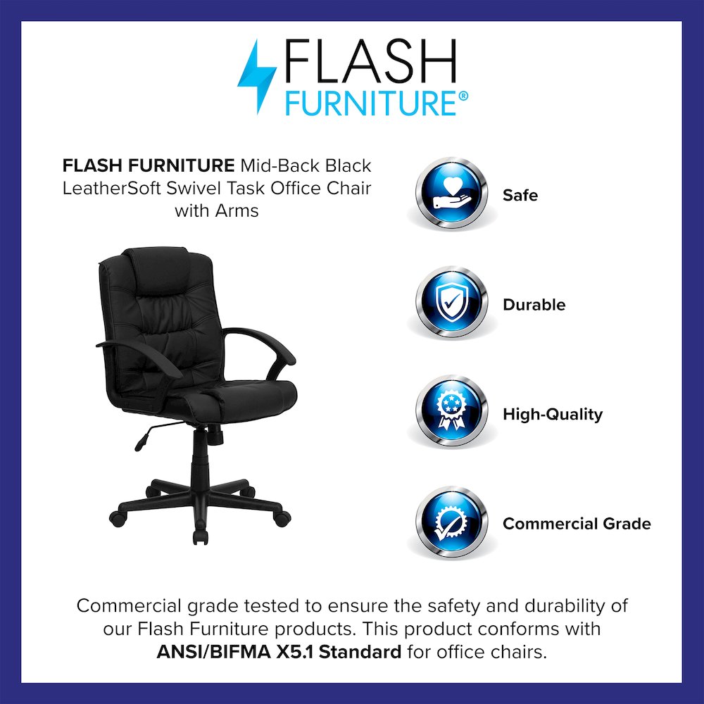 Mid-Back Black LeatherSoft Swivel Task Office Chair with Arms. Picture 4