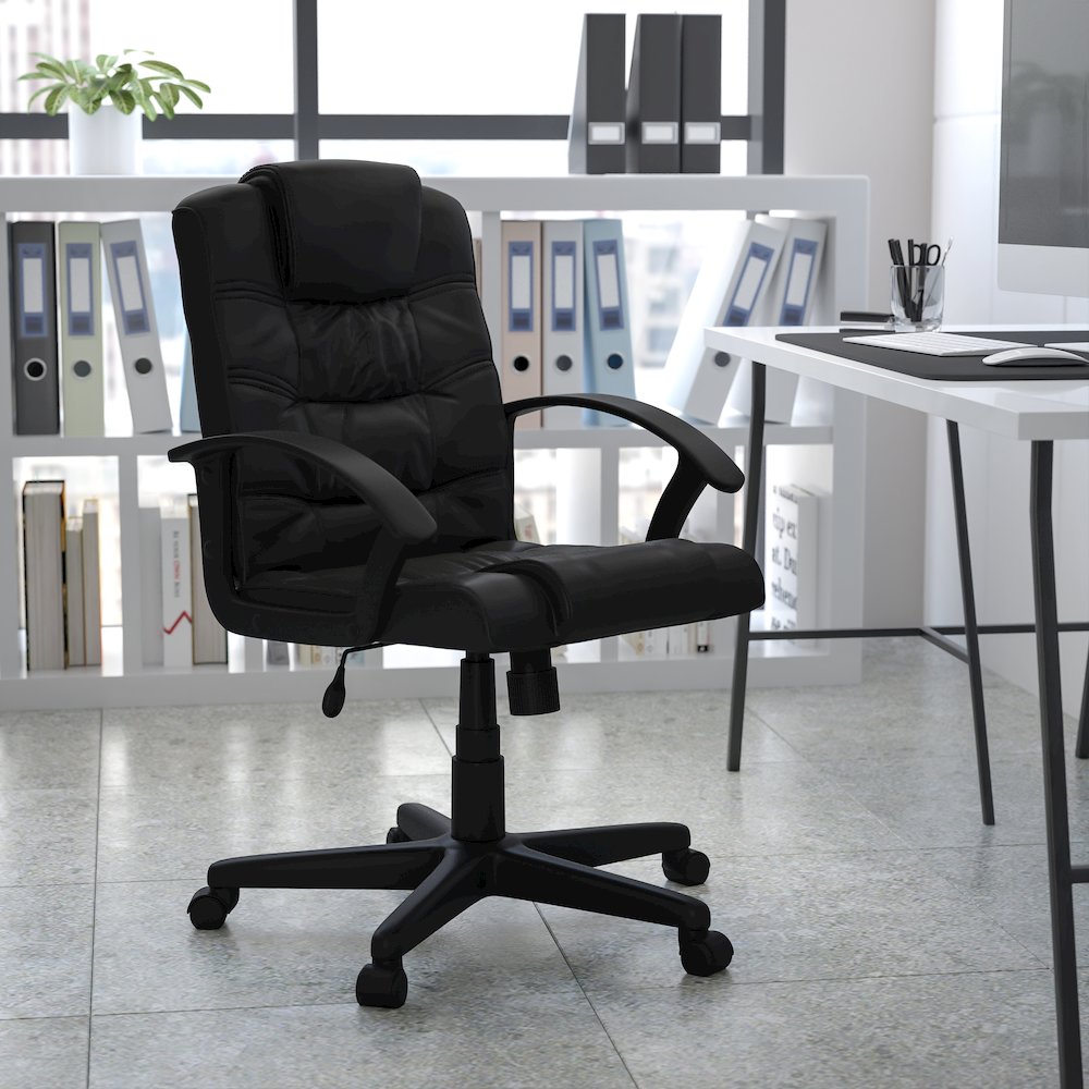 Mid-Back Black LeatherSoft Swivel Task Office Chair with Arms. Picture 2