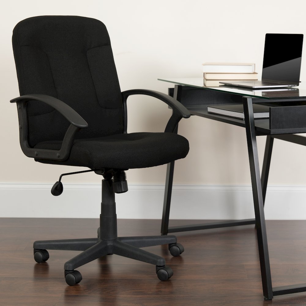 Mid-Back Black Fabric Executive Swivel Office Chair with Nylon Arms. Picture 9