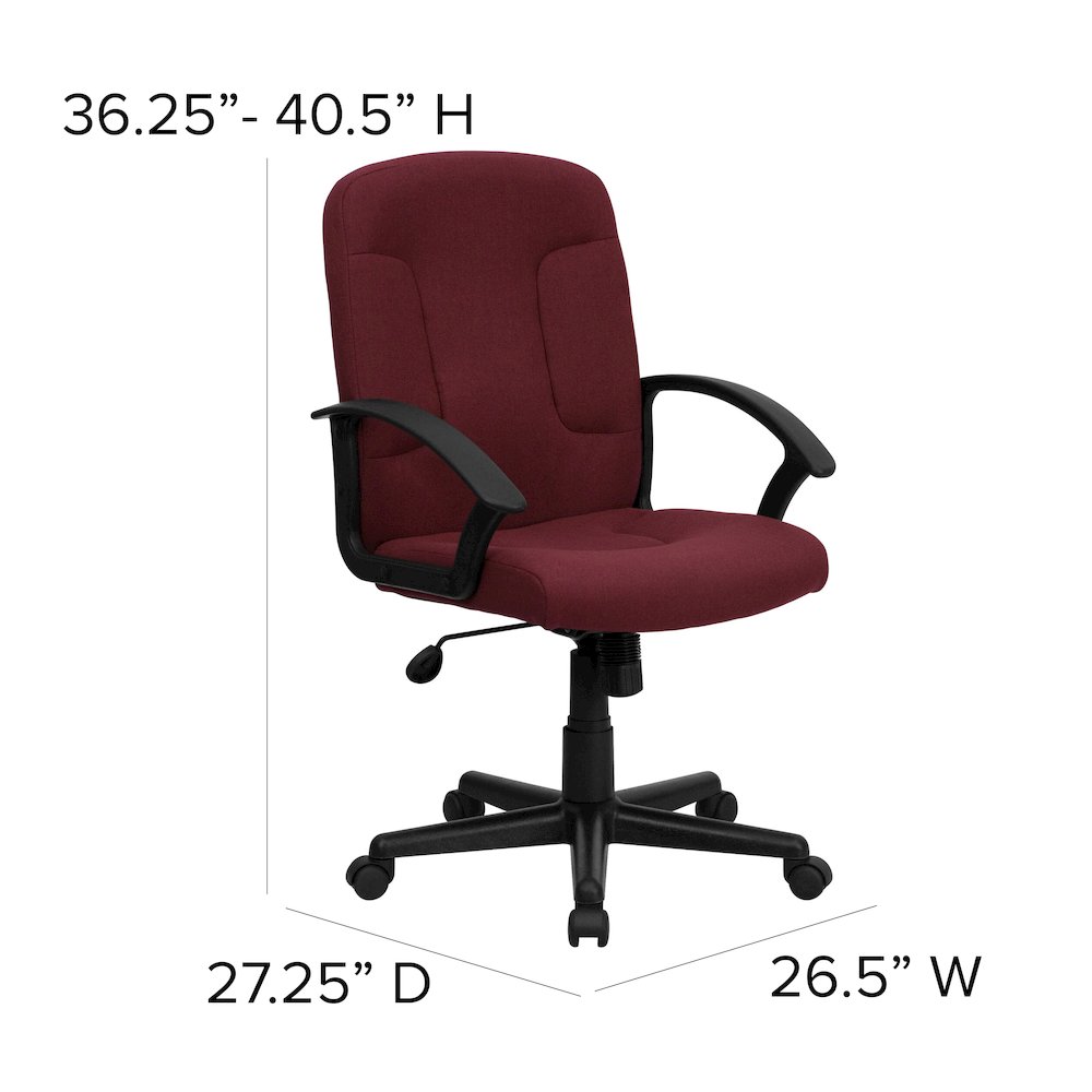 Mid-Back Burgundy Fabric Executive Swivel Office Chair with Nylon Arms. Picture 6