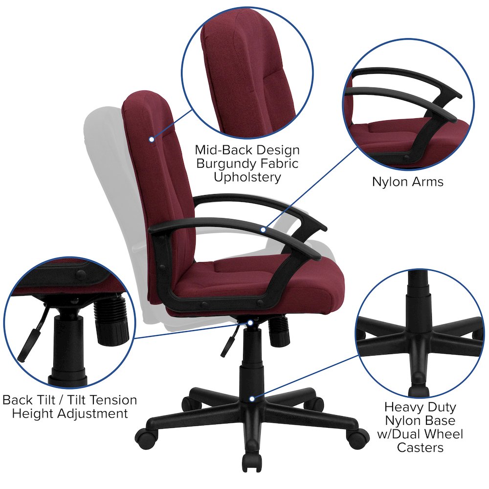 Mid-Back Burgundy Fabric Executive Swivel Office Chair with Nylon Arms. Picture 5