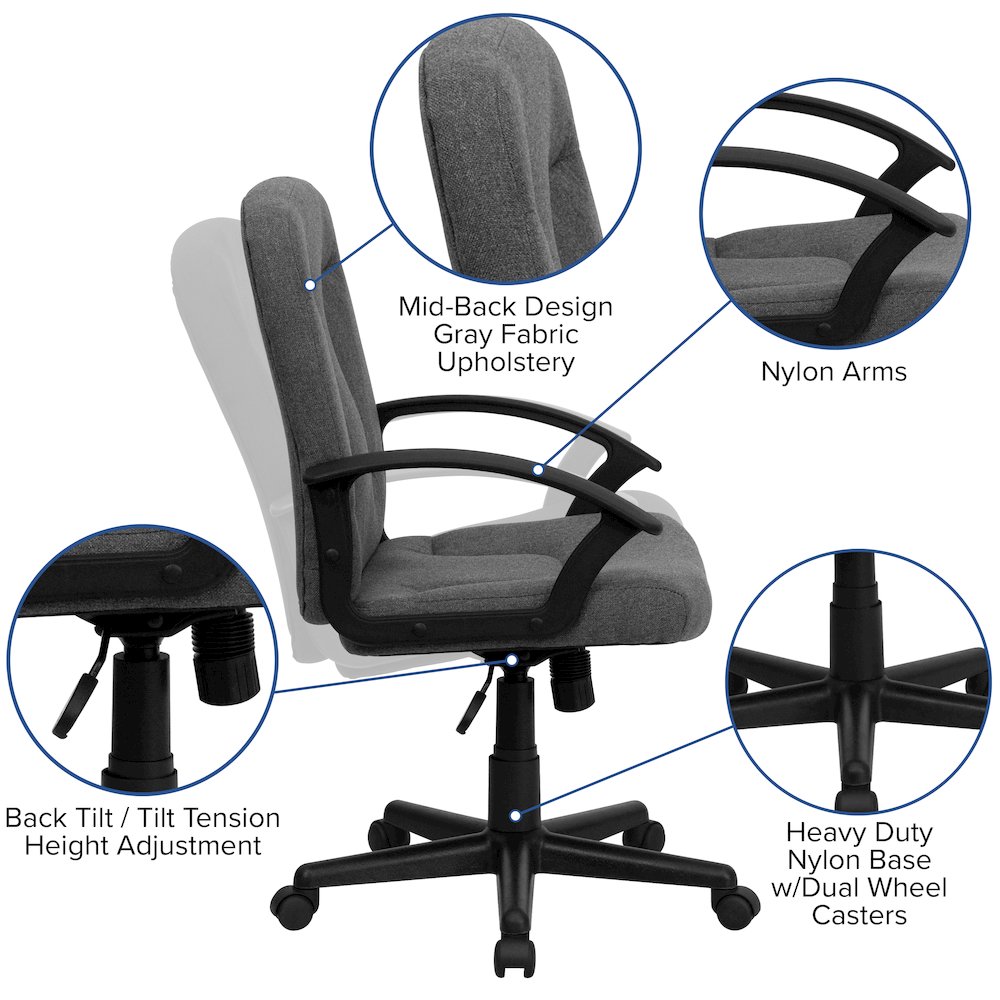 Mid-Back Gray Fabric Executive Swivel Office Chair with Nylon Arms. Picture 5