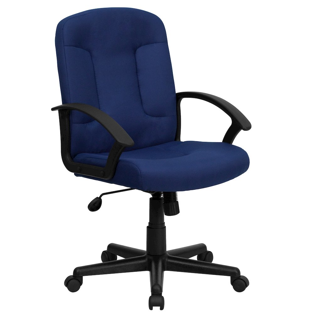 Mid-Back Navy Fabric Executive Swivel Office Chair with Nylon Arms. Picture 1