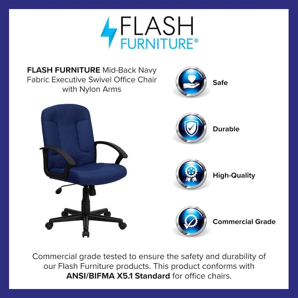 Mid-Back Navy Fabric Executive Swivel Office Chair with Nylon Arms. Picture 4