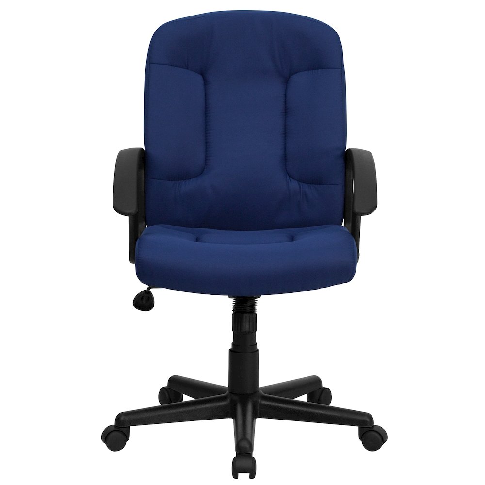 Mid-Back Navy Fabric Executive Swivel Office Chair with Nylon Arms. Picture 11