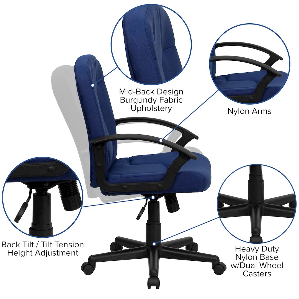 Mid-Back Navy Fabric Executive Swivel Office Chair with Nylon Arms. Picture 6