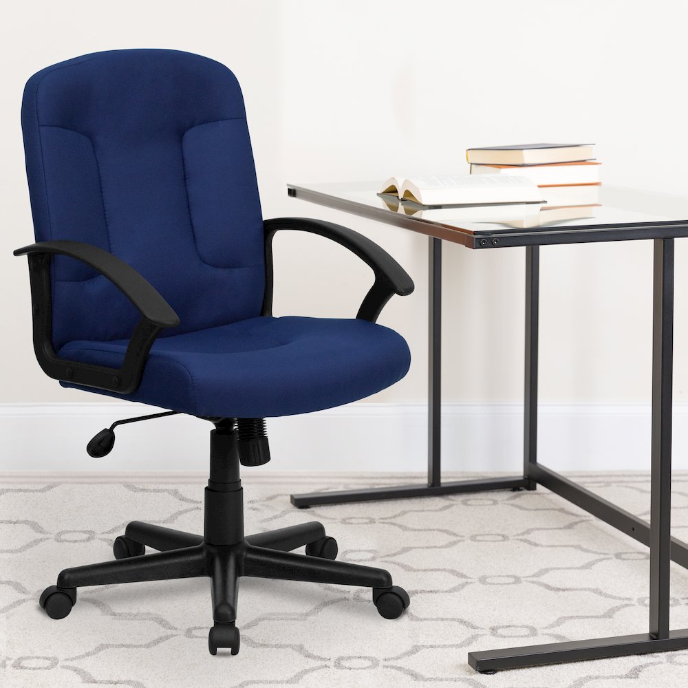 Mid-Back Navy Fabric Executive Swivel Office Chair with Nylon Arms. Picture 2