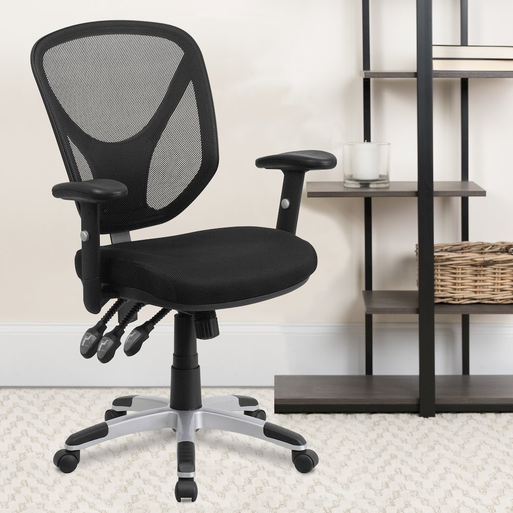 Mid-Back Black Mesh Multifunction Swivel Ergonomic Task Office Chair with Adjustable Arms. Picture 6
