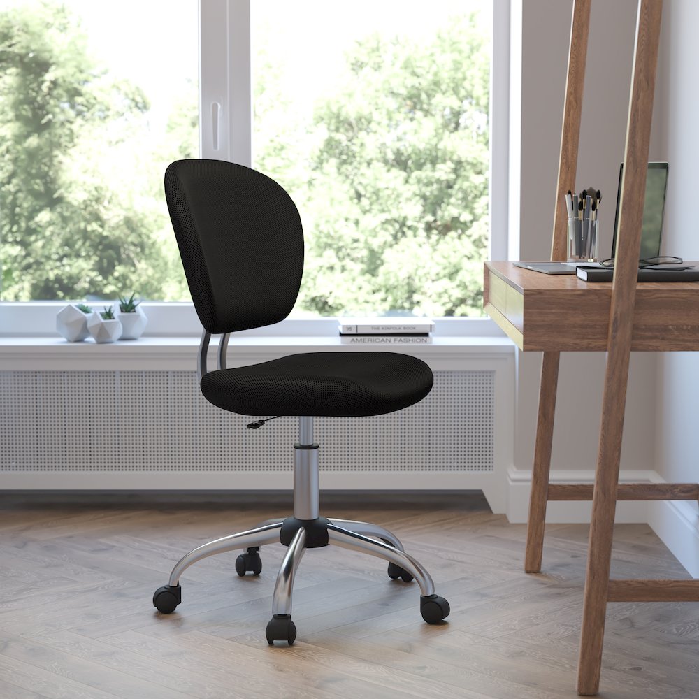 Mid-Back Black Mesh Padded Swivel Task Office Chair with Chrome Base. Picture 2