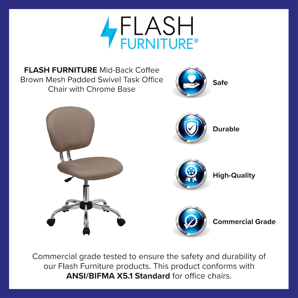 Mid-Back Coffee Brown Mesh Padded Swivel Task Office Chair with Chrome Base. Picture 4