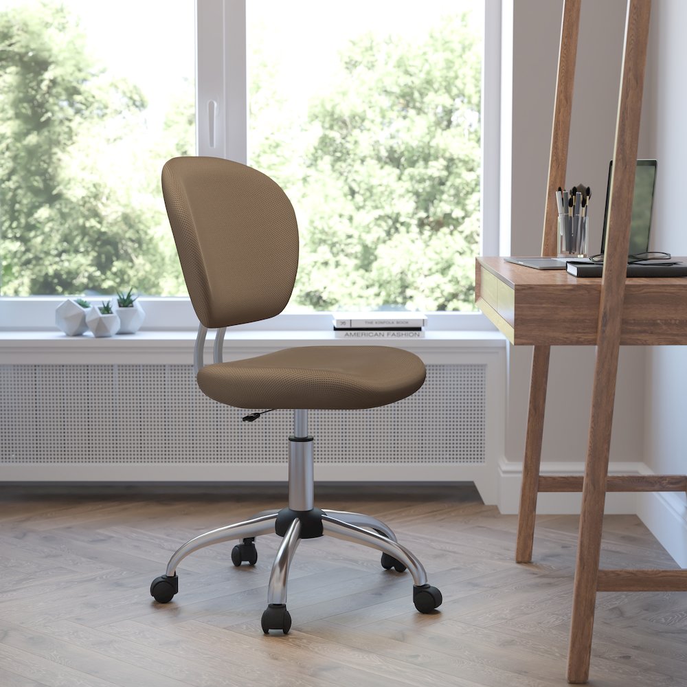 Mid-Back Coffee Brown Mesh Padded Swivel Task Office Chair with Chrome Base. Picture 9