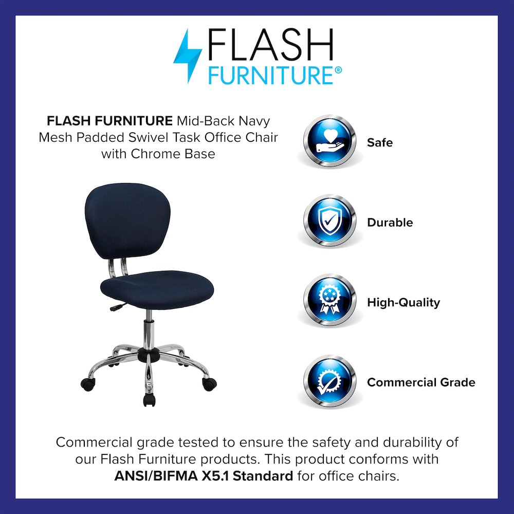 Mid-Back Navy Mesh Padded Swivel Task Office Chair with Chrome Base. Picture 4