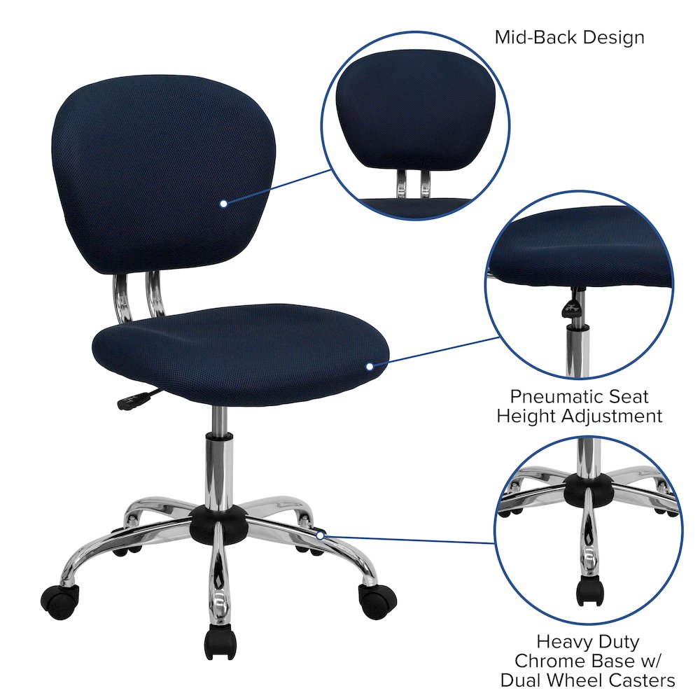 Mid-Back Navy Mesh Padded Swivel Task Office Chair with Chrome Base. Picture 6