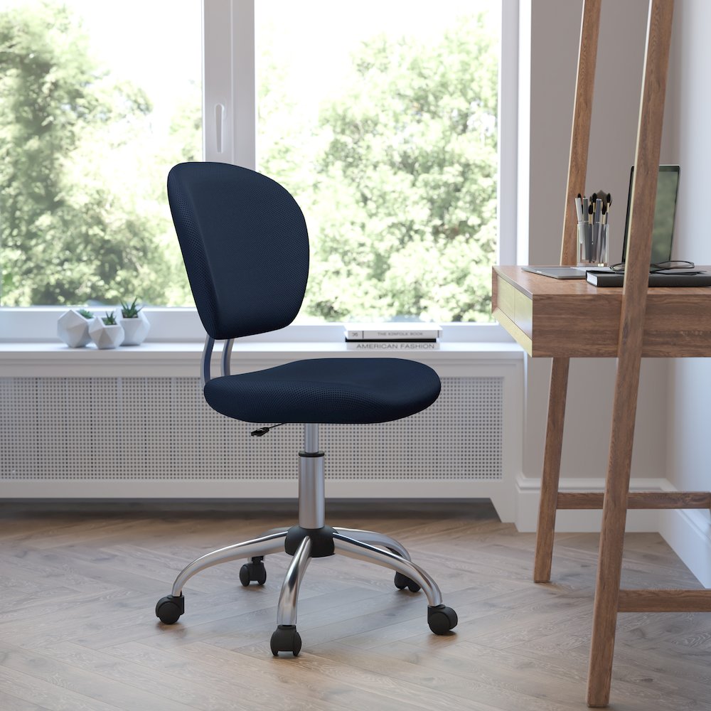Mid-Back Navy Mesh Padded Swivel Task Office Chair with Chrome Base. Picture 2