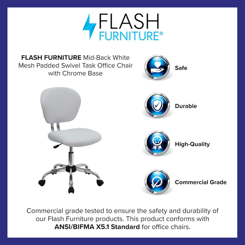 Mid-Back White Mesh Padded Swivel Task Office Chair with Chrome Base. Picture 4