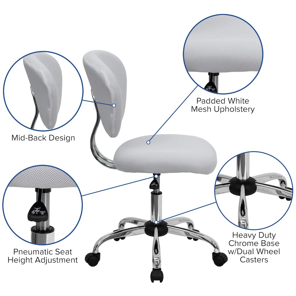 Mid-Back White Mesh Padded Swivel Task Office Chair with Chrome Base. Picture 6